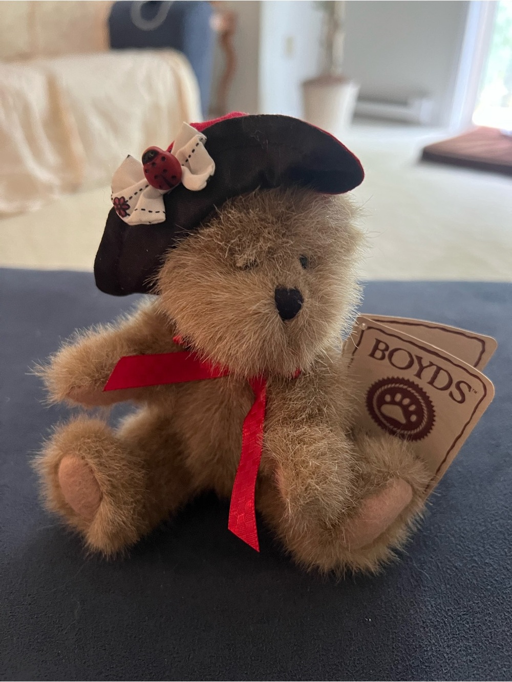 Boyds Brown Plush Bear with Red Ribbon and Brown Hat with ladybug